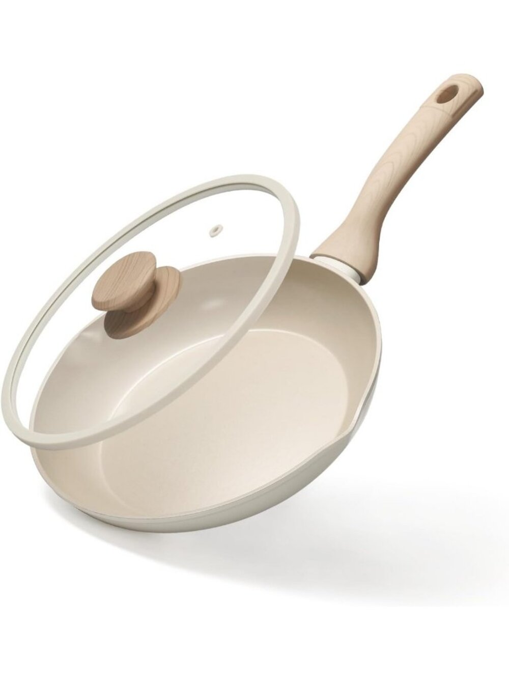11-Inch Nonstick Ceramic Frying Pan with Lid - Beige Cooking Skillet Essential